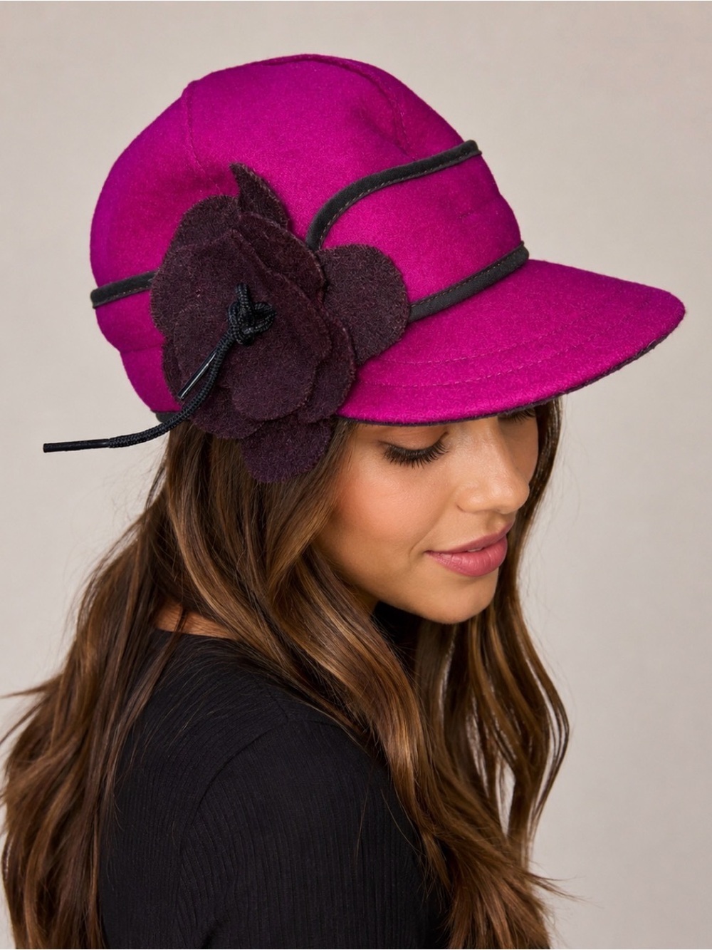 Stormy Kromer hat/cap news boy petal pusher Fuchia & Brown wool billed